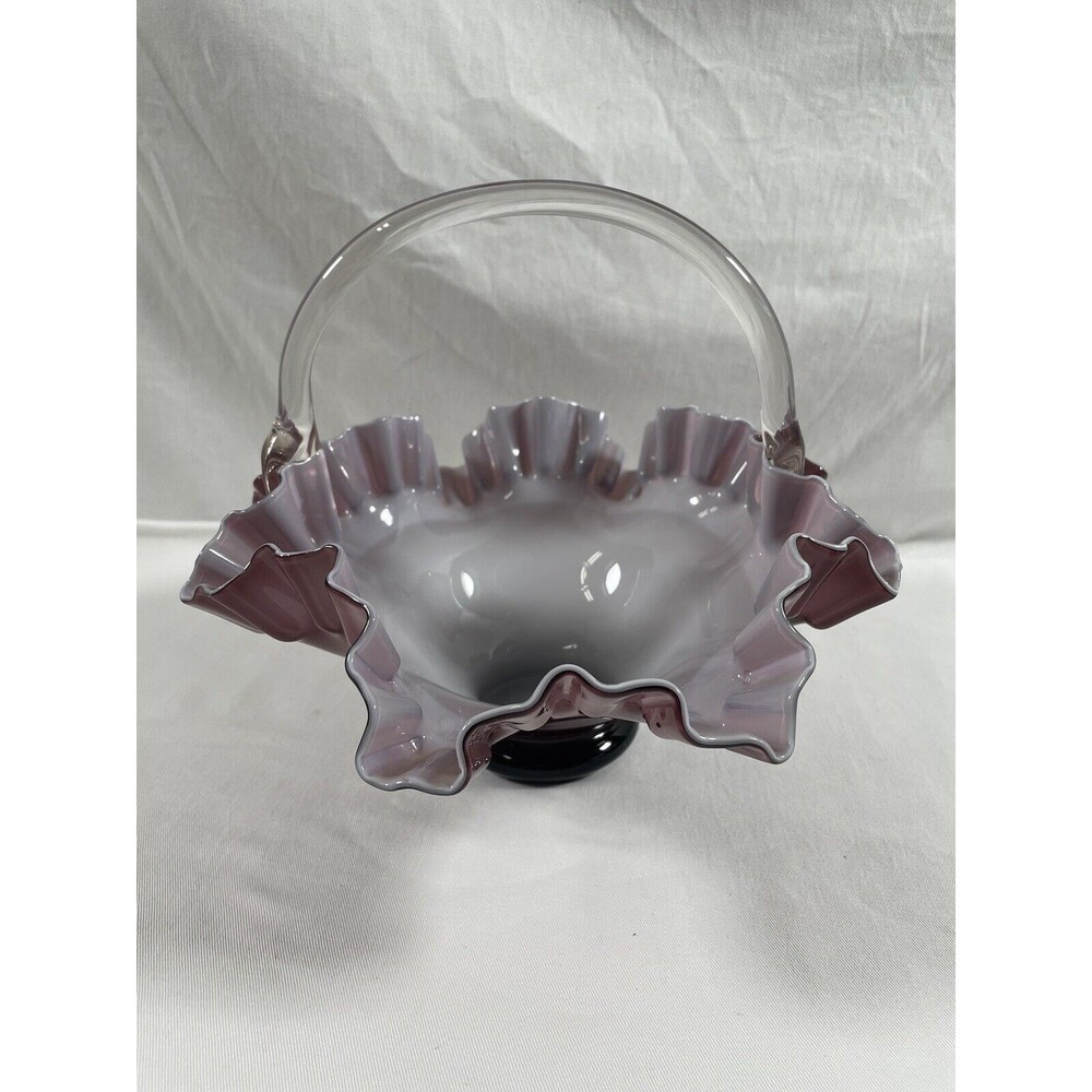Fenton Purple Glass Basket Candy Dish with Handle & Ruffled Rim